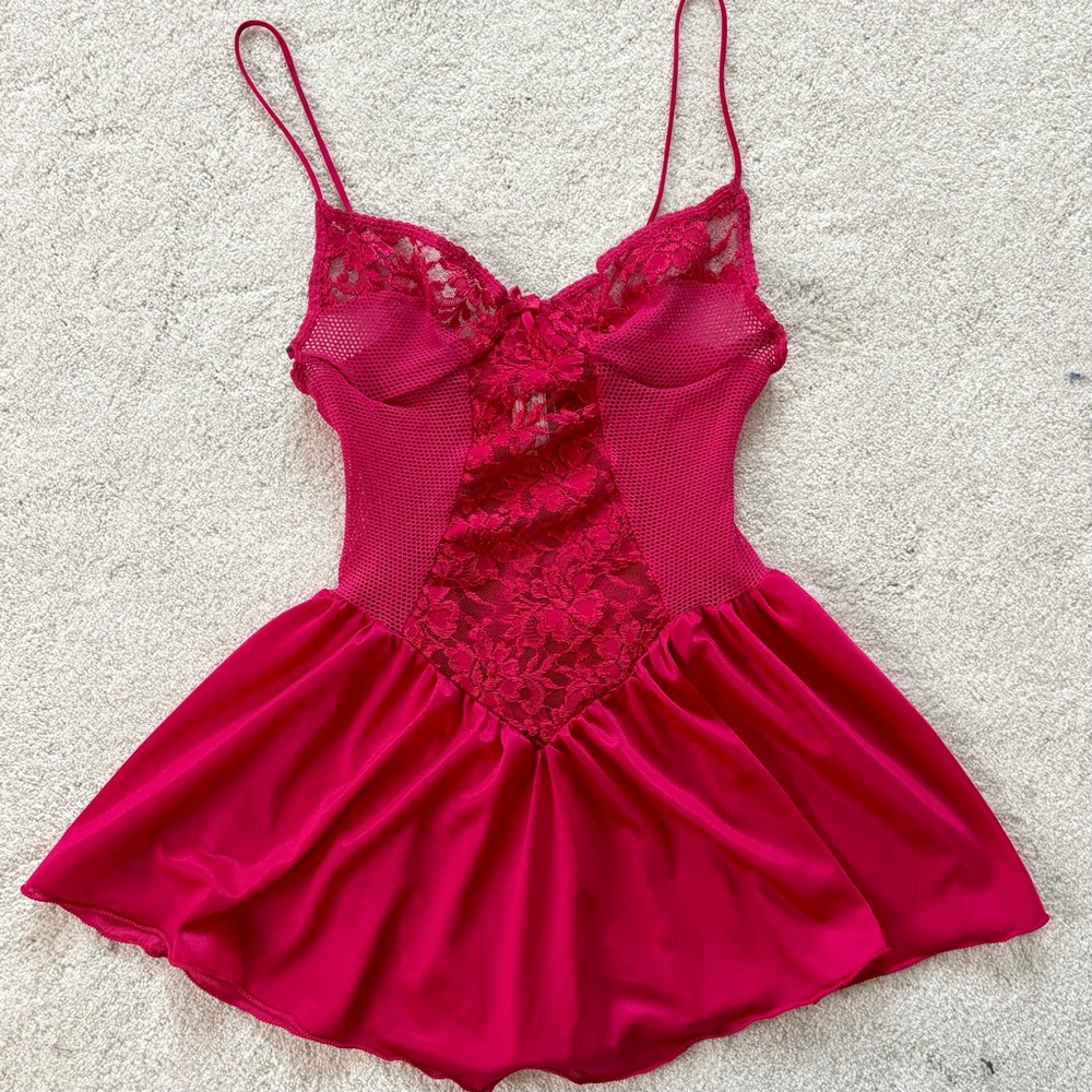 vintage 90s hot pink drop waist satin mesh lace slip dress women’s size medium